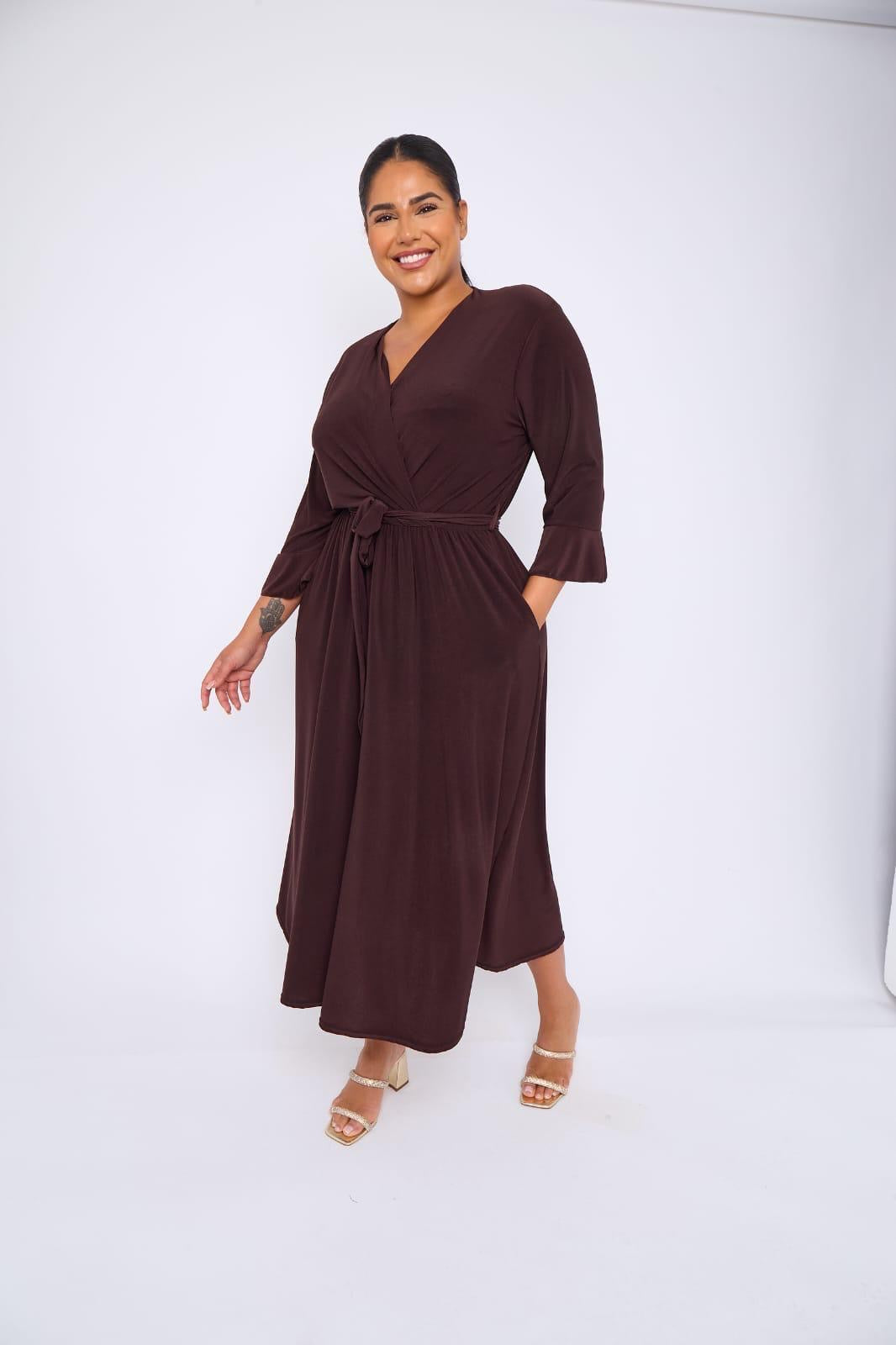 Dani Faux Wrap 3/4 Sleeve Dress in Chocolate