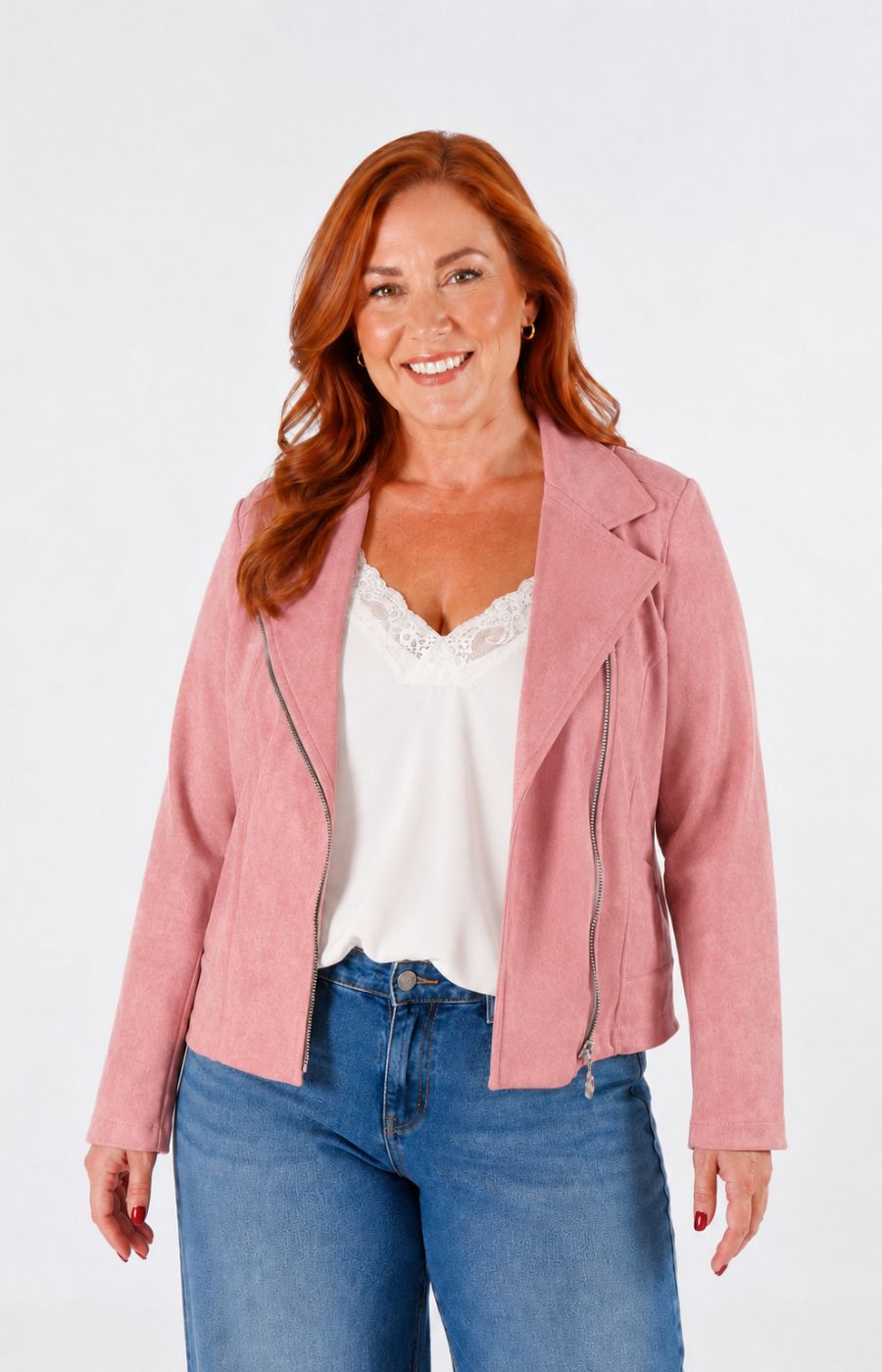Amber Suede Biker Jacket in Dusty Pink