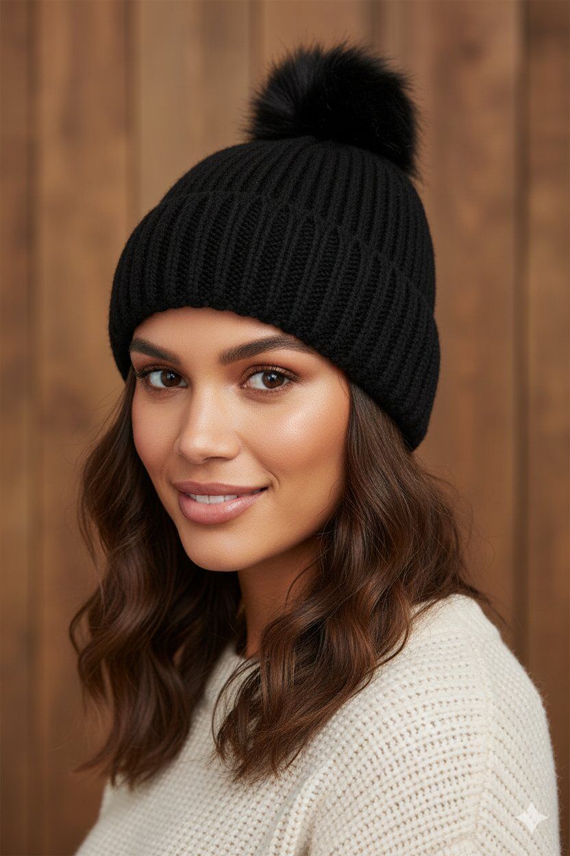 Woman wearing a black knit beanie with a pom-pom against a wooden background