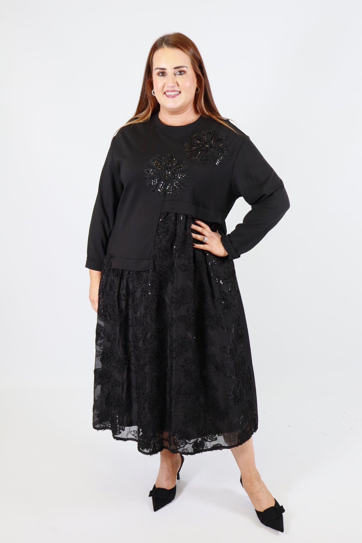 Blair Floral Sequin Dress in Black