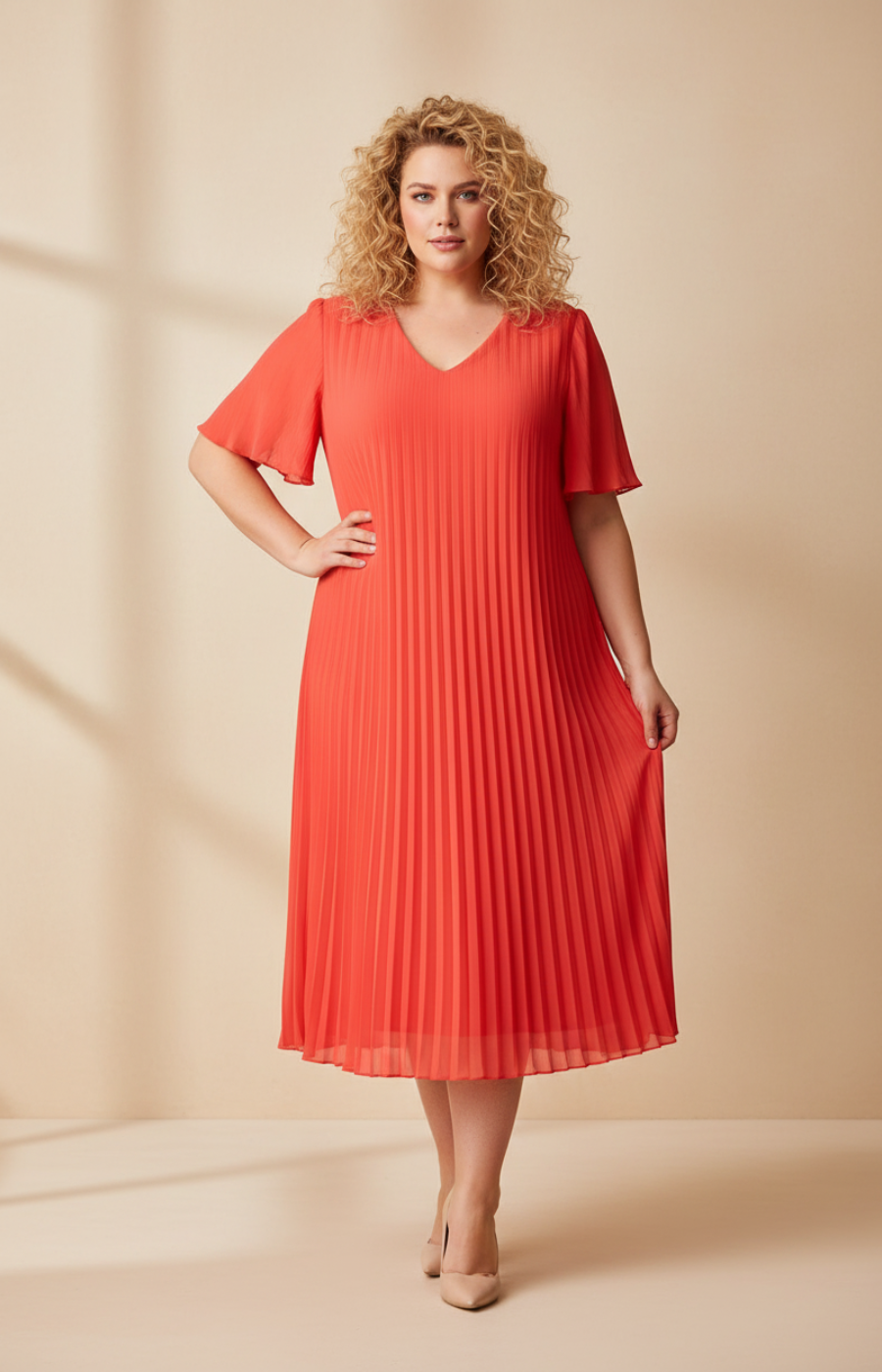 A full-length front view of a woman with shoulder-length curly blonde hair wearing a coral pleated midi dress with short flutter sleeves. She stands in high heels against a soft beige studio background with warm, even lighting.