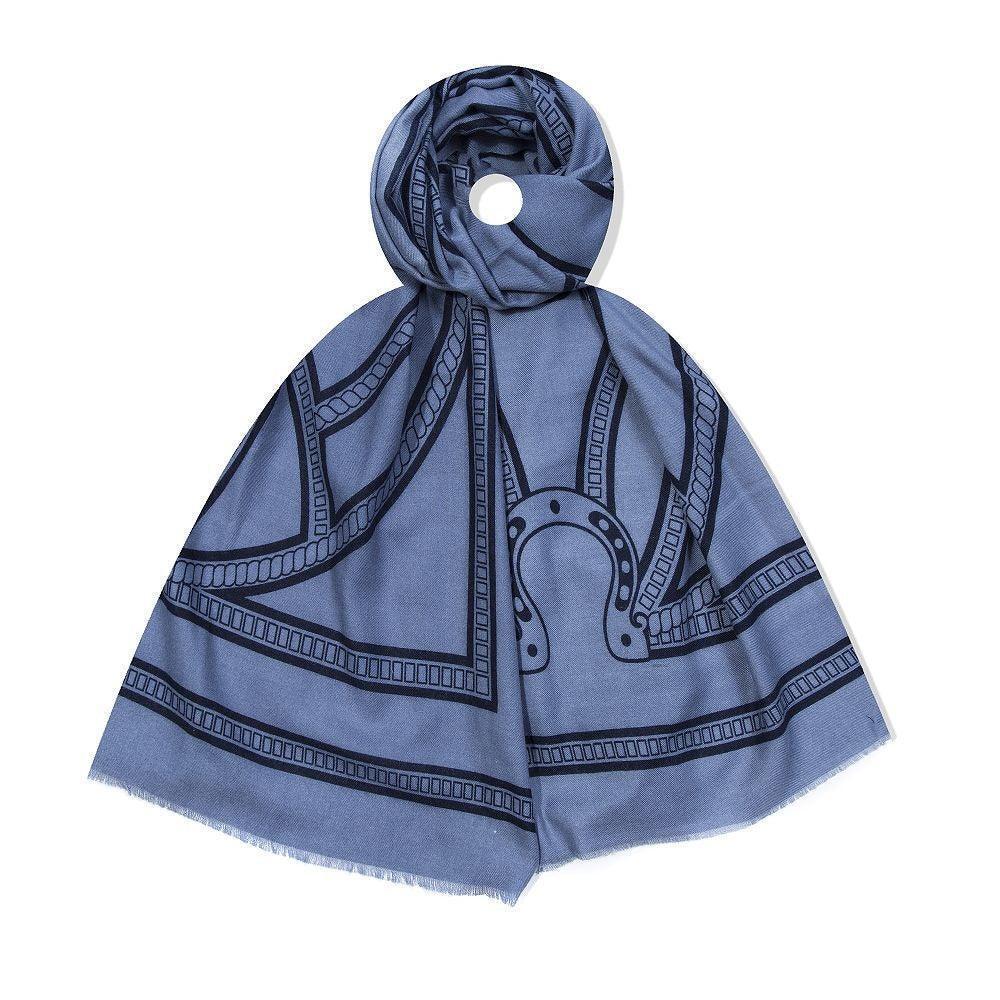 Blue scarf with black patterns on a white background