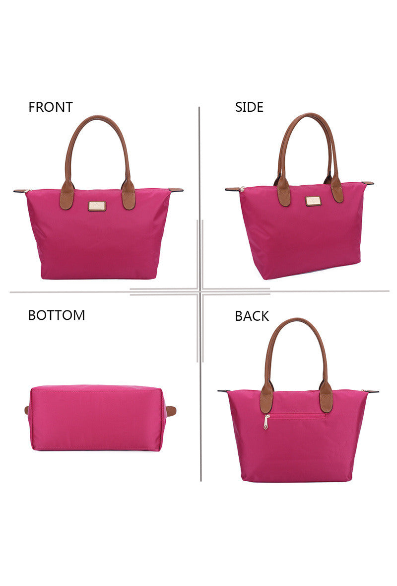 Pink handbag with brown handles and trim shown from front, side, bottom, and back perspectives on a white background.