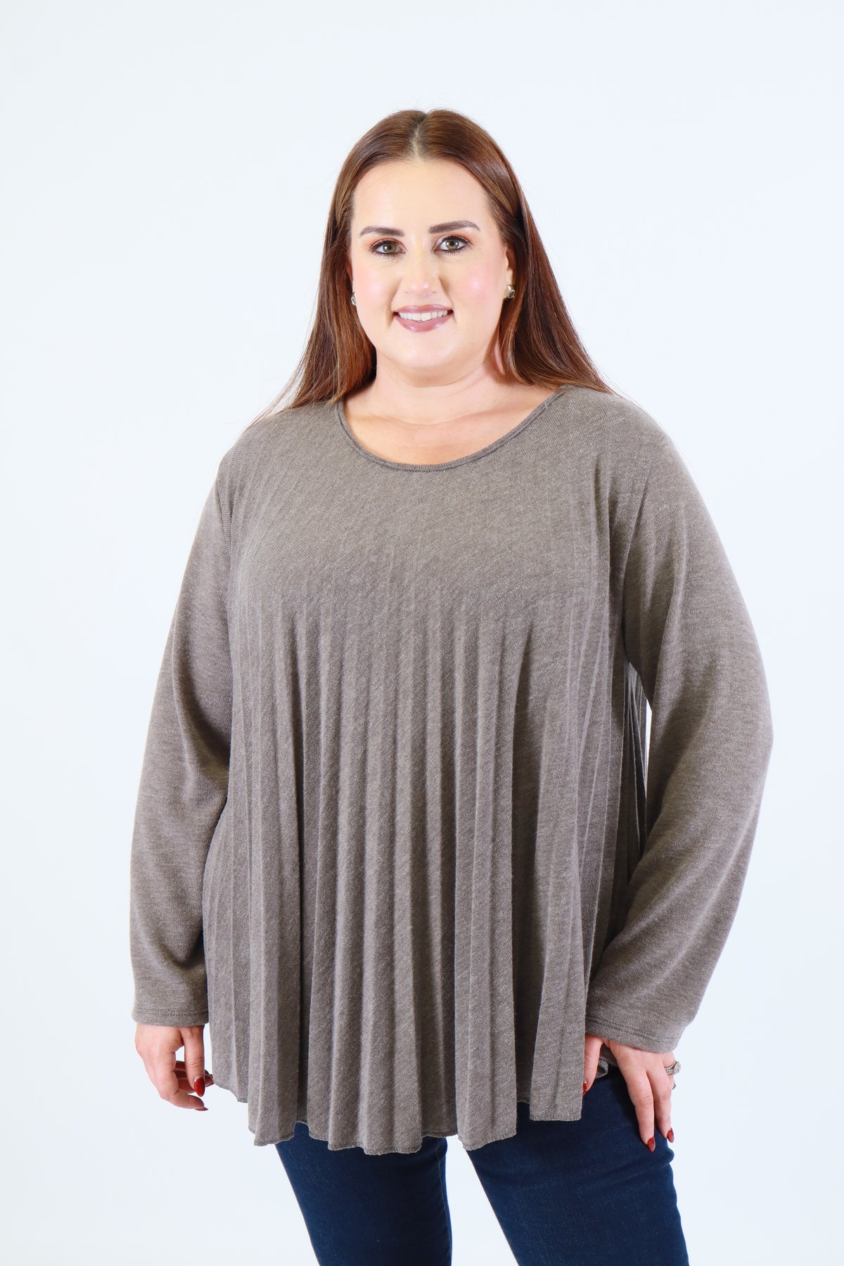 Connie Knit Pleated Blouse in Taupe