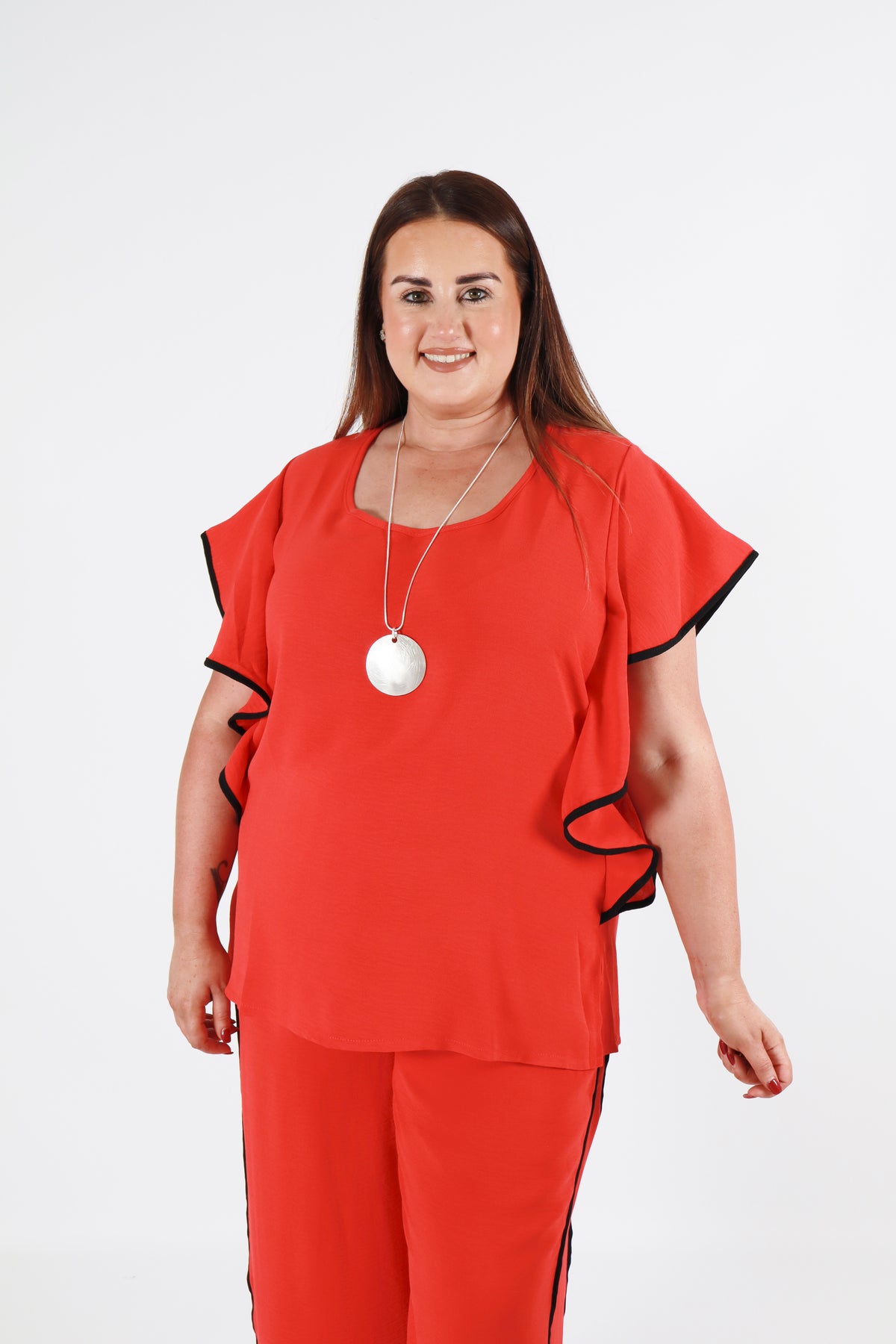 Curviss Side Frill Blouse in Red