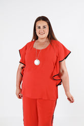 Curviss Side Frill Blouse in Red