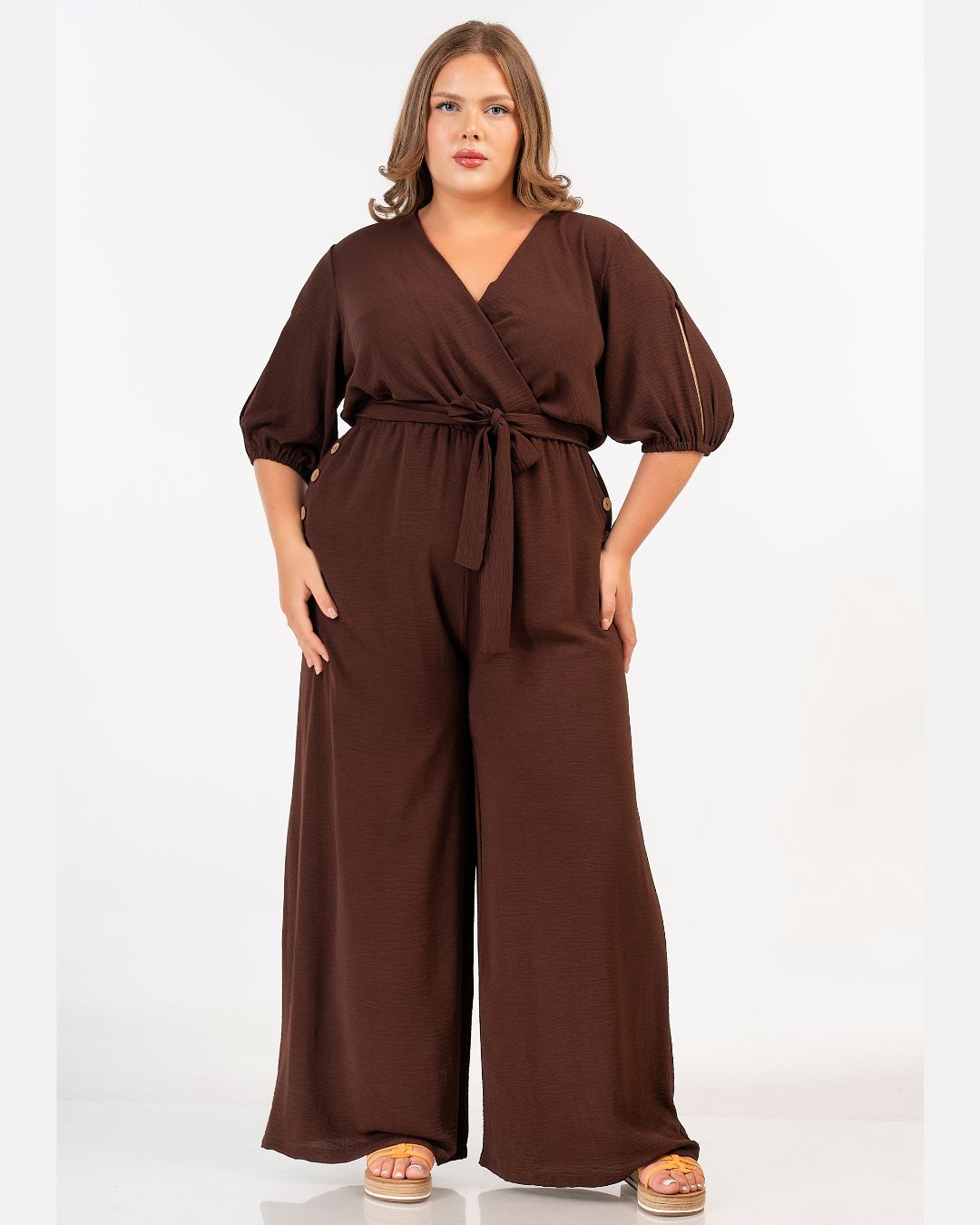 Curviss V Neck Jumpsuit in Brown