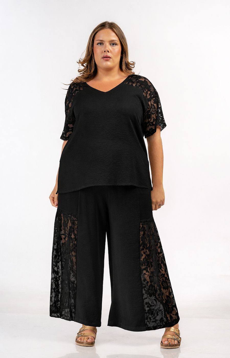 Curviss Wide Leg Trouser with Lace in Black