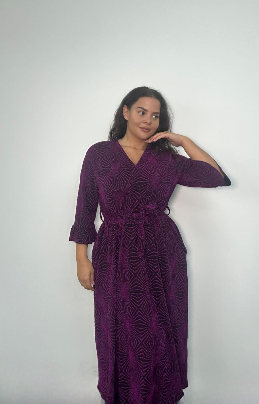 Dani Faux Wrap Dress in Purple Glitter