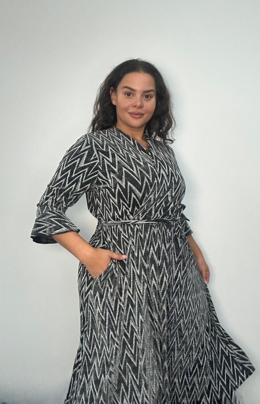 Dani Faux Wrap Dress in Silver Zig Zag