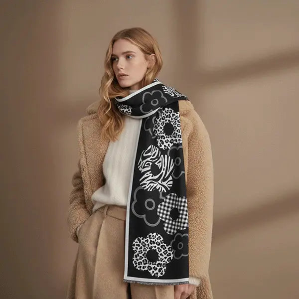 Woman wearing a black floral patterned scarf with a beige coat against a neutral background