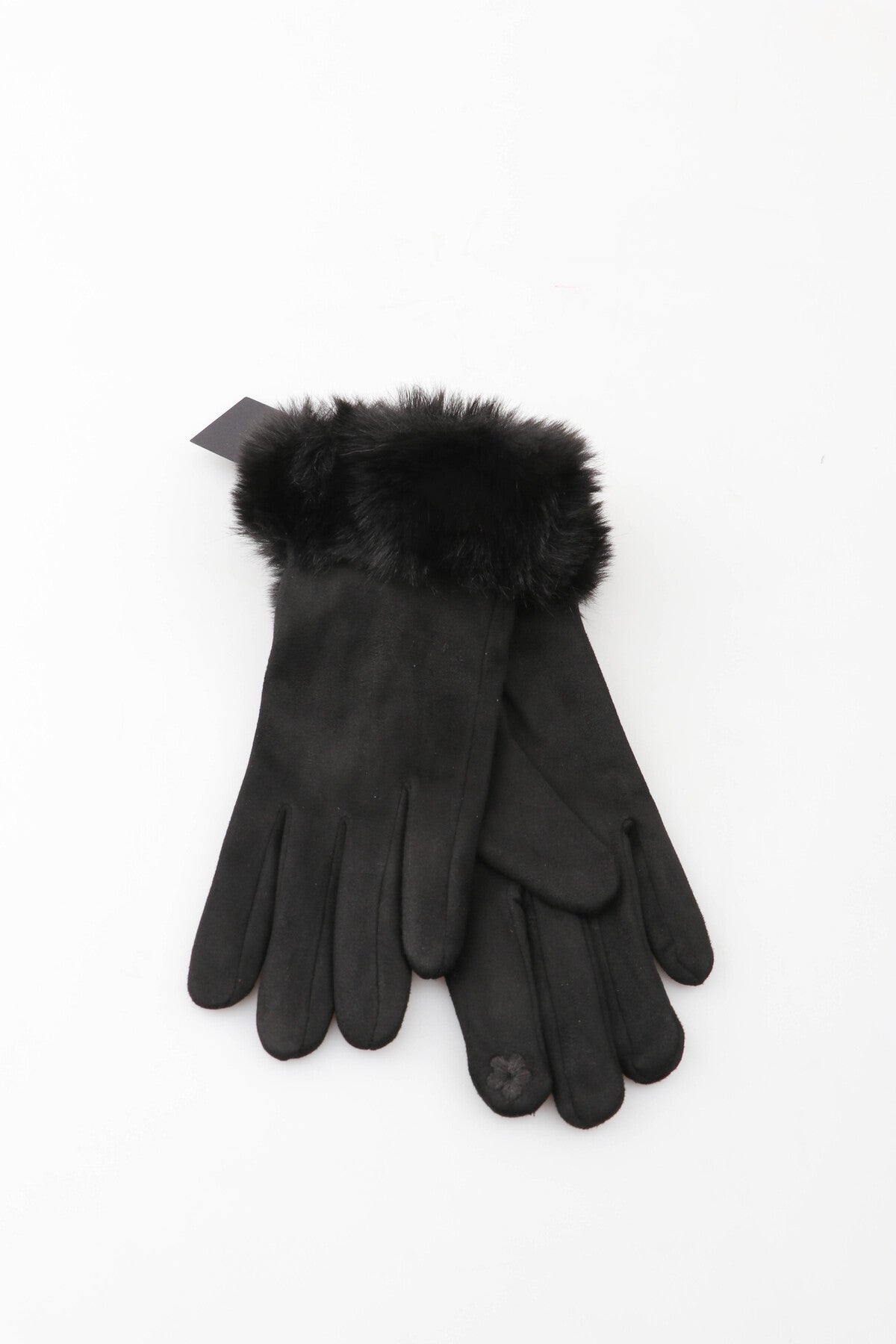 Black gloves with fur trim on a white background