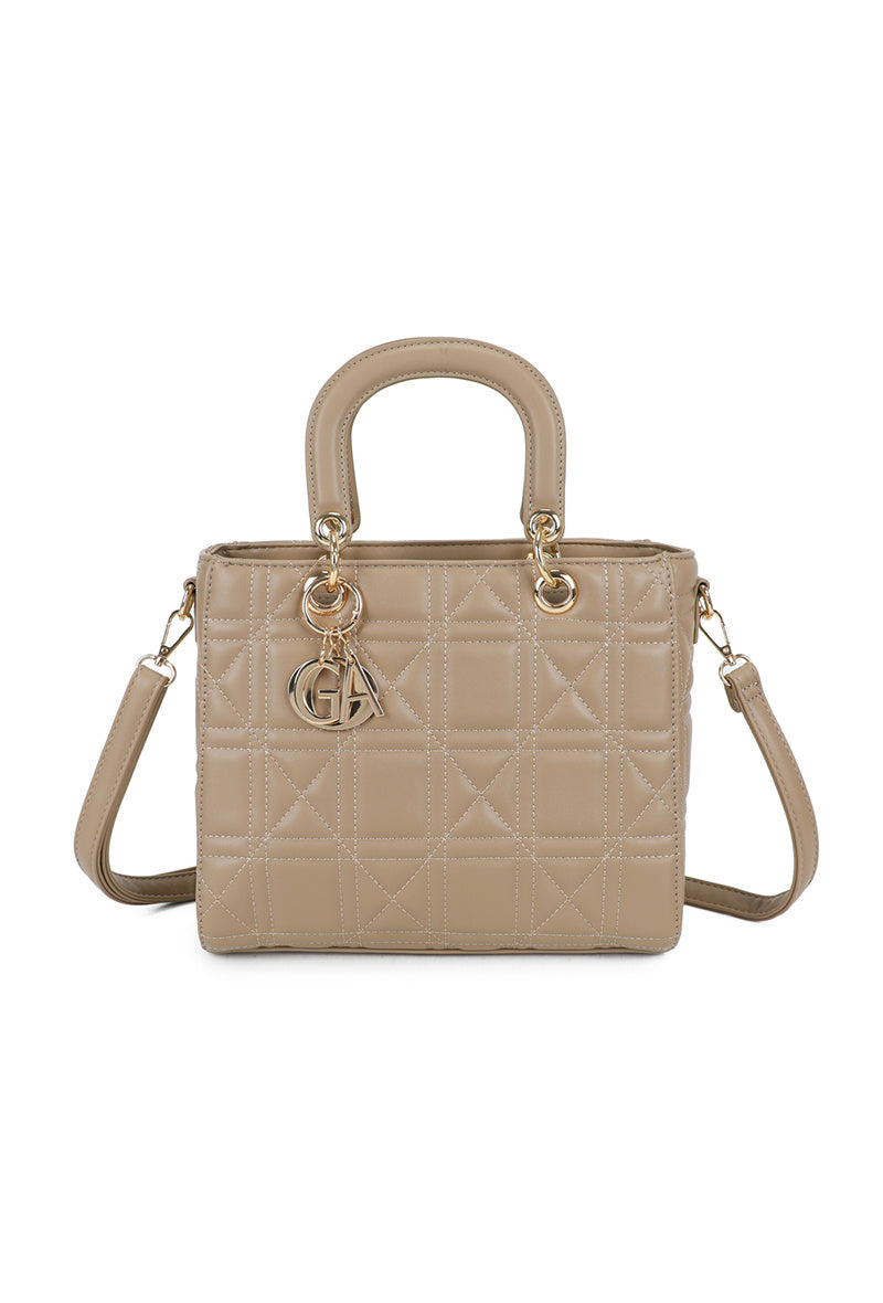 Beige handbag with gold accents on a white background