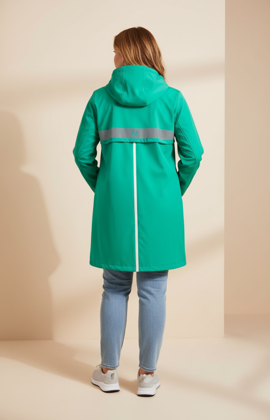 A woman wearing a green rain jacket on cream background