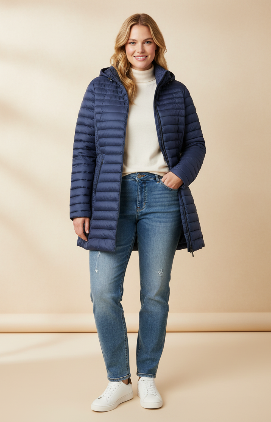 Plus size woman wearing a navy coat, light coloured jeans and white trainers on a cream background