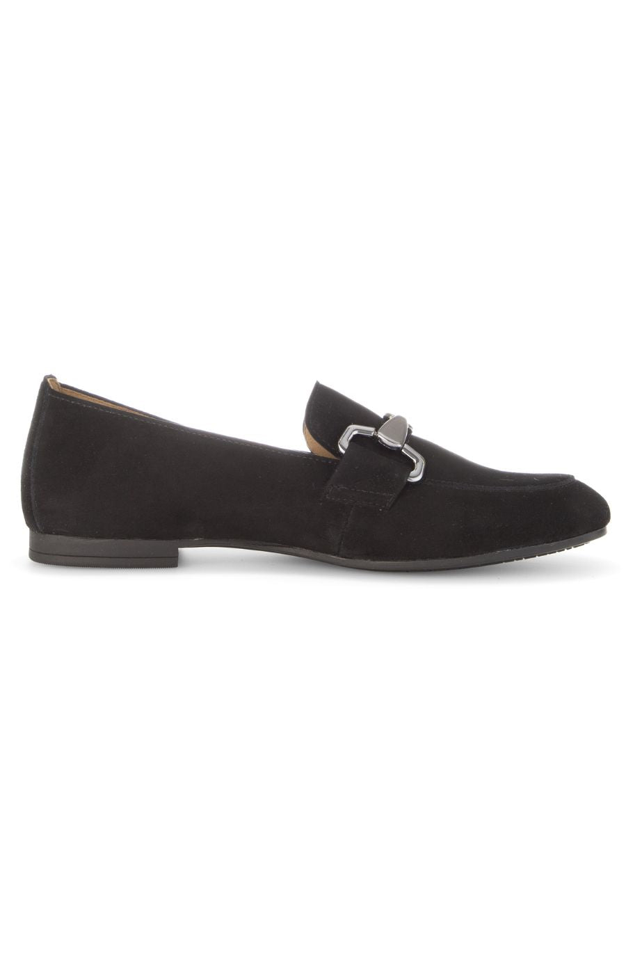Black suede loafer with a silver buckle on a white background