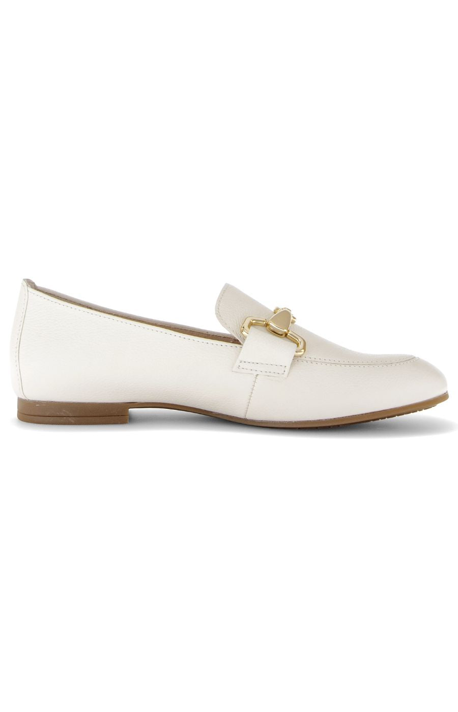 Cream loafer shoe with gold buckle on a white background