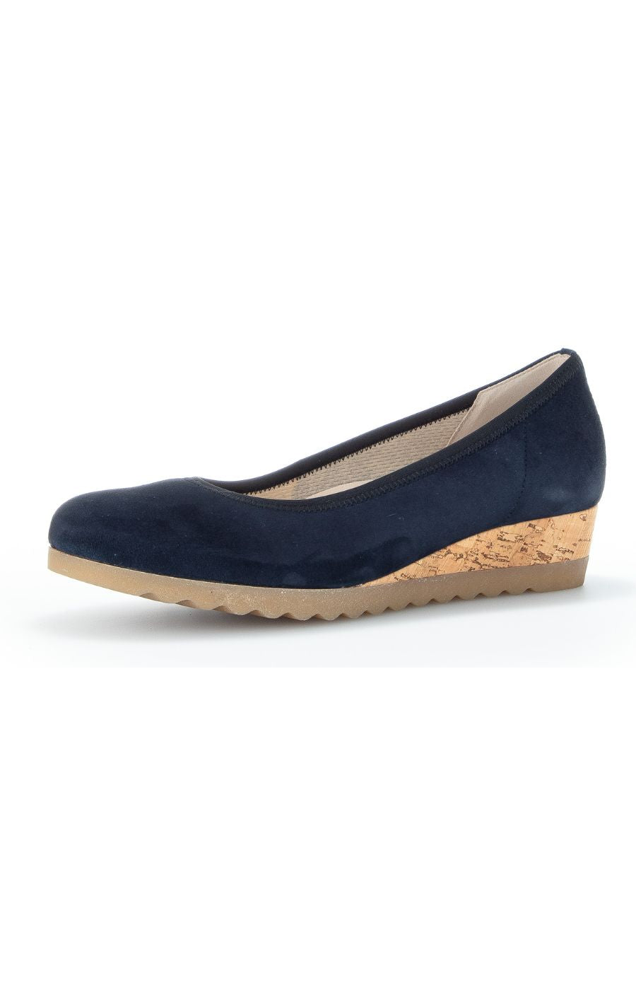 Navy blue wedge shoe on a white background