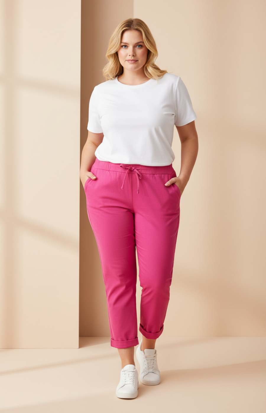Woman wearing a white t-shirt and pink pants against a beige background
