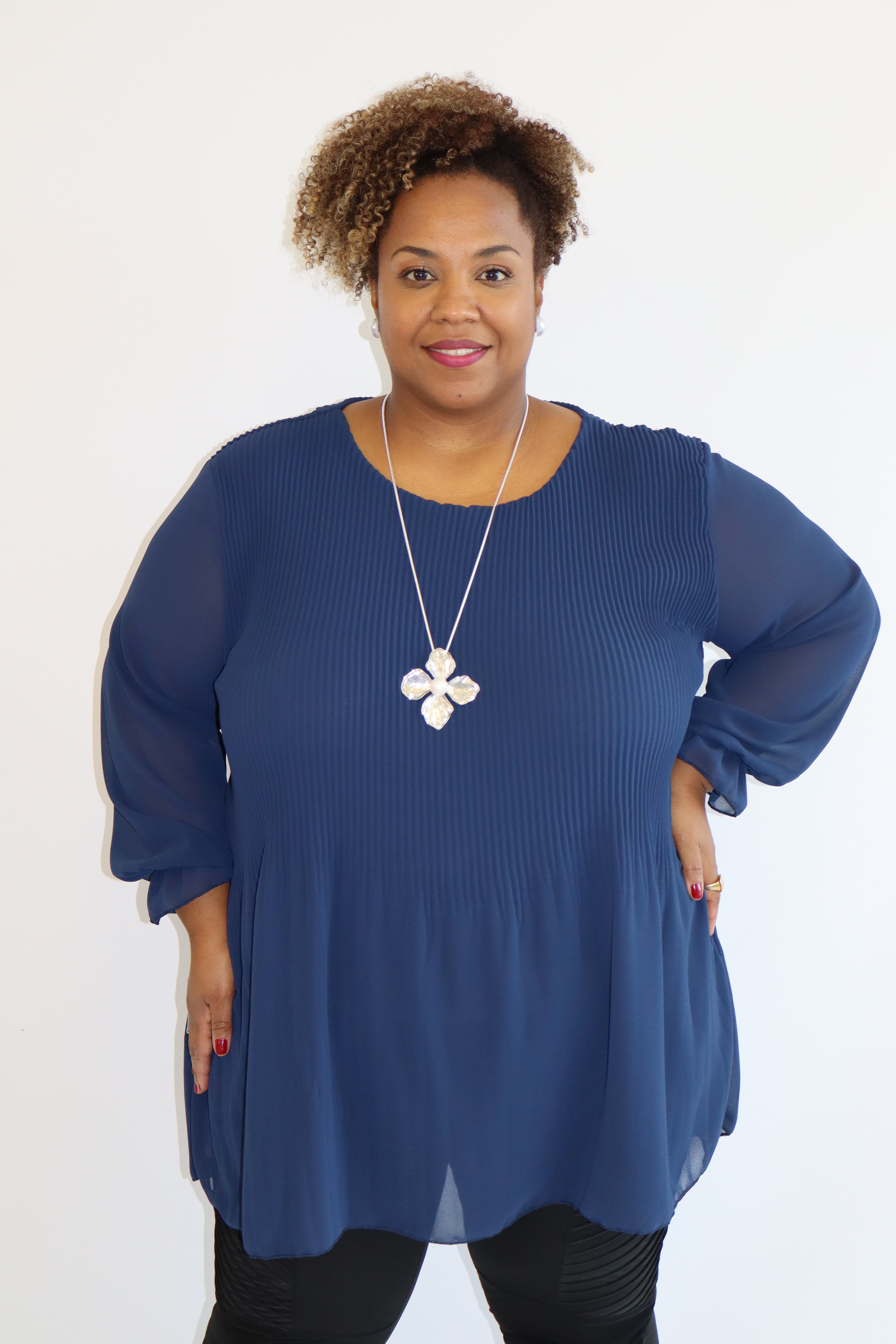 Maizie Pleated Navy Blouse Plus Size Clothing Wardrobeplus.ie