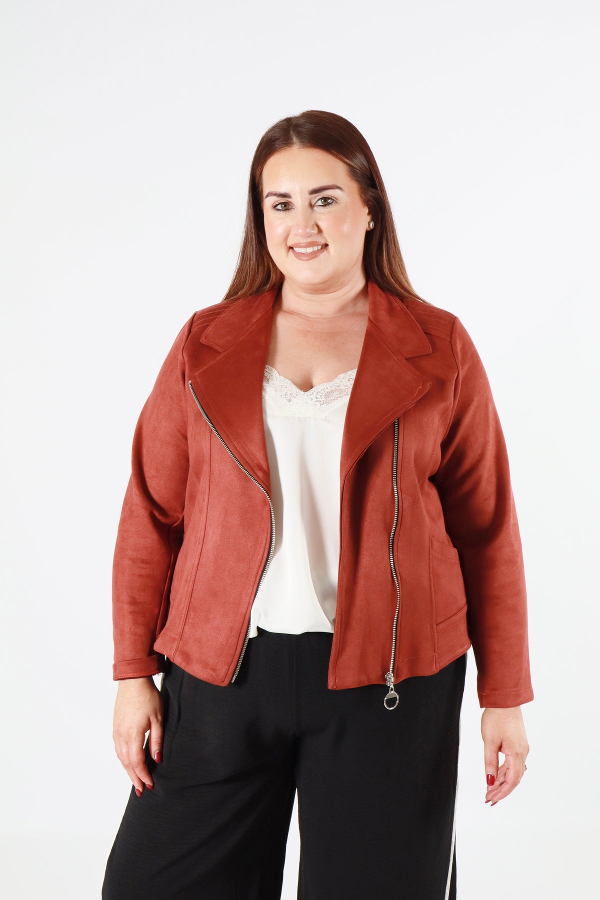 Amber Suede Biker Jacket in Rust
