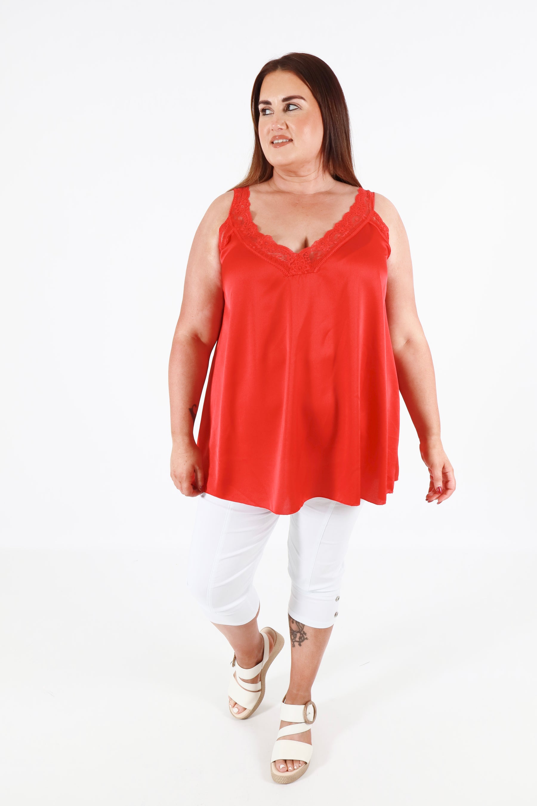 Jade Lace Trim Satin Vest in Red