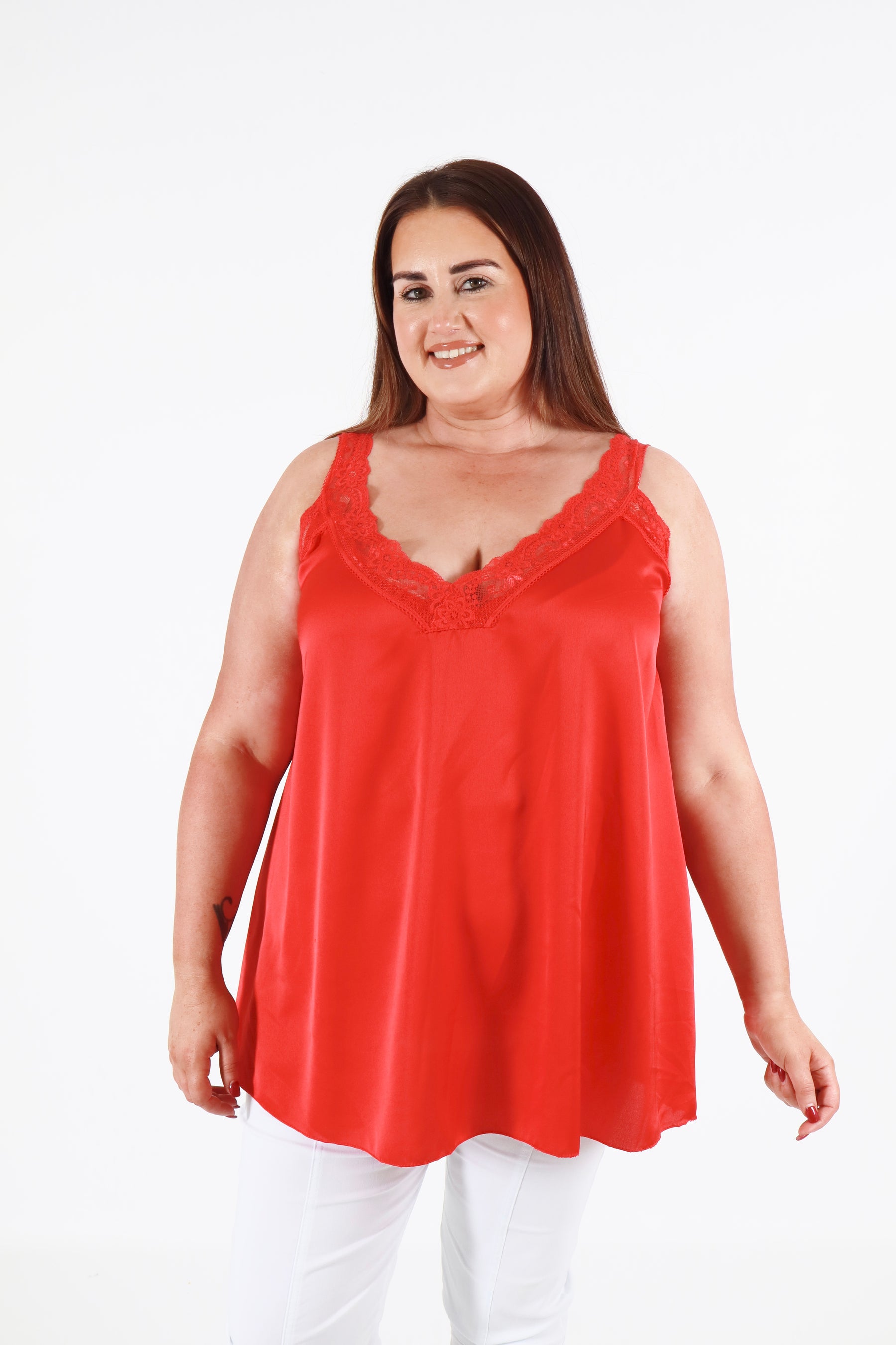 Jade Lace Trim Satin Vest in Red