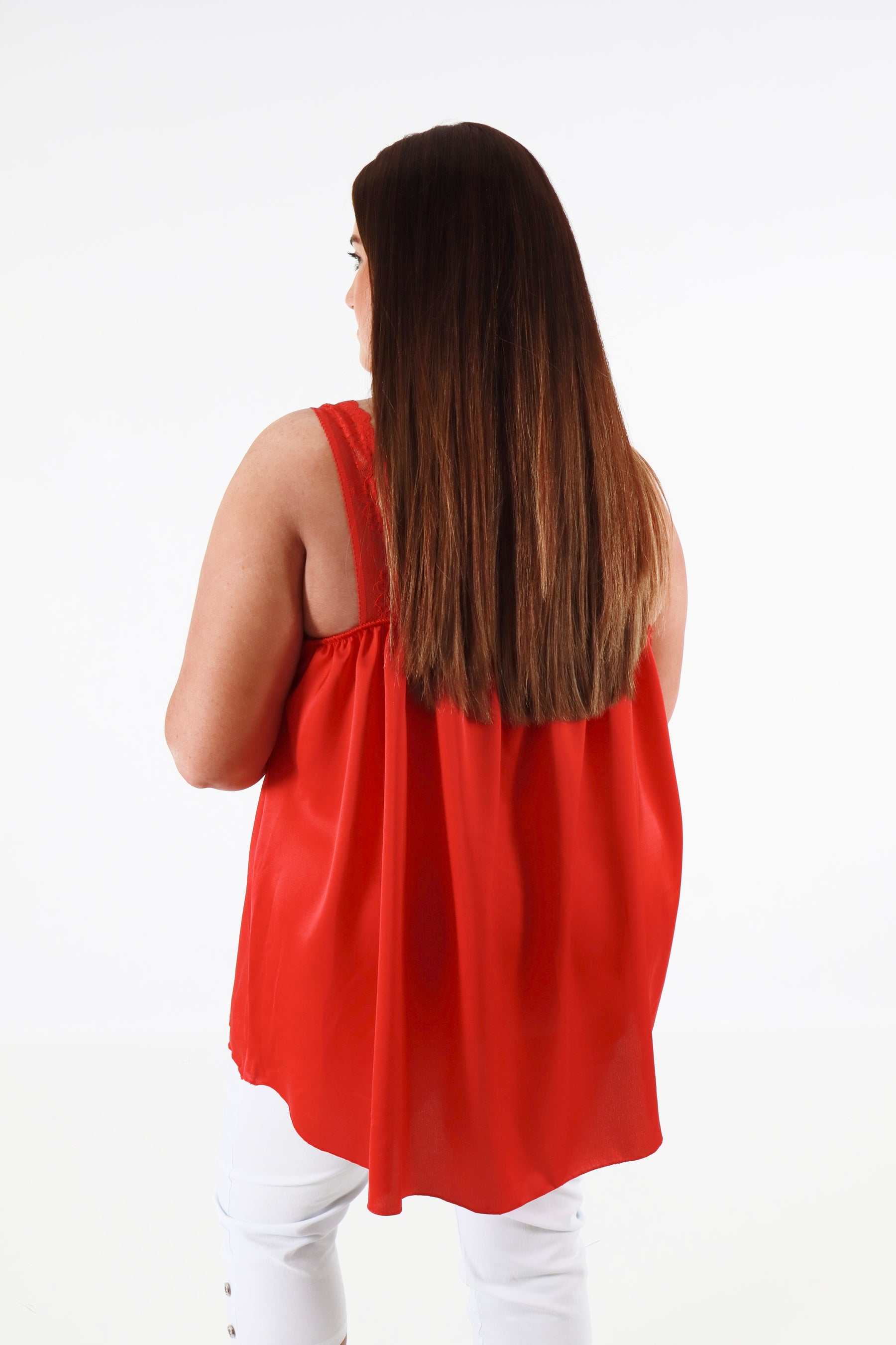 Jade Lace Trim Satin Vest in Red
