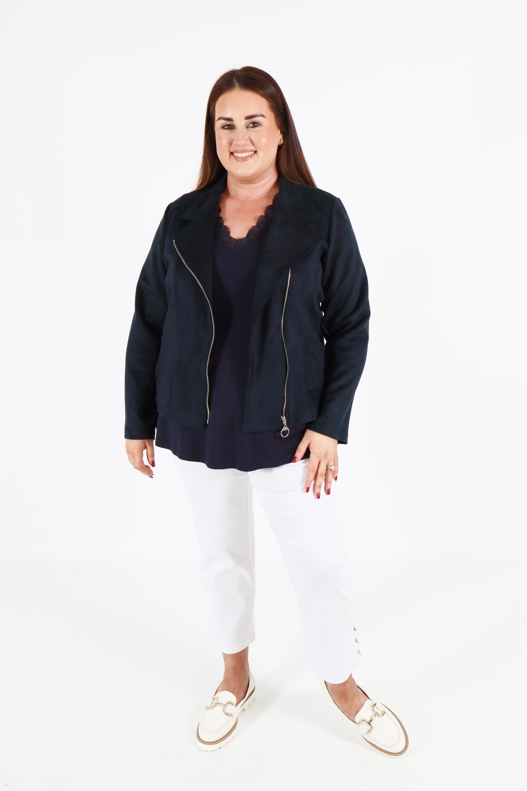 Amber Suede Biker Jacket in Navy