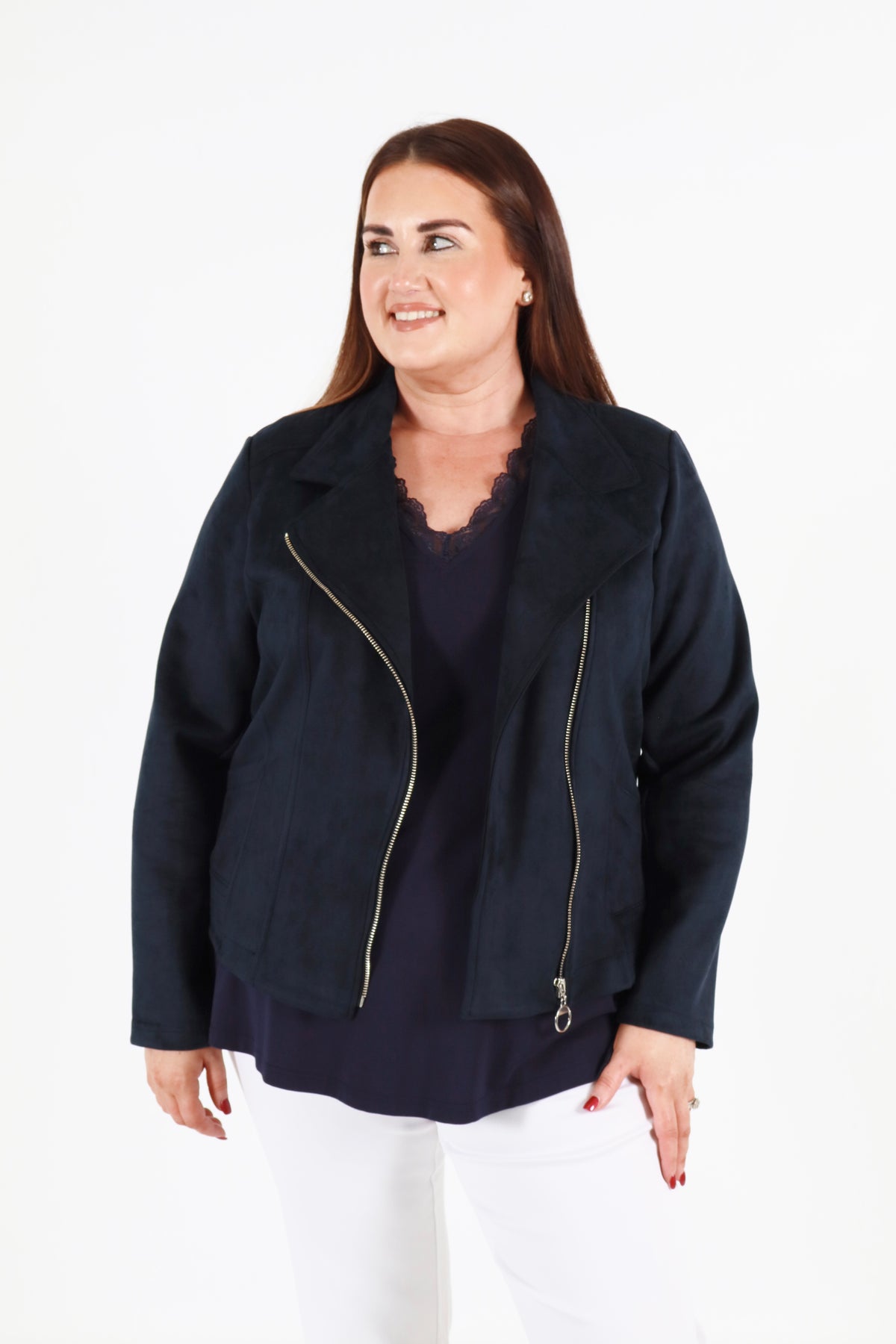 Amber Suede Biker Jacket in Navy