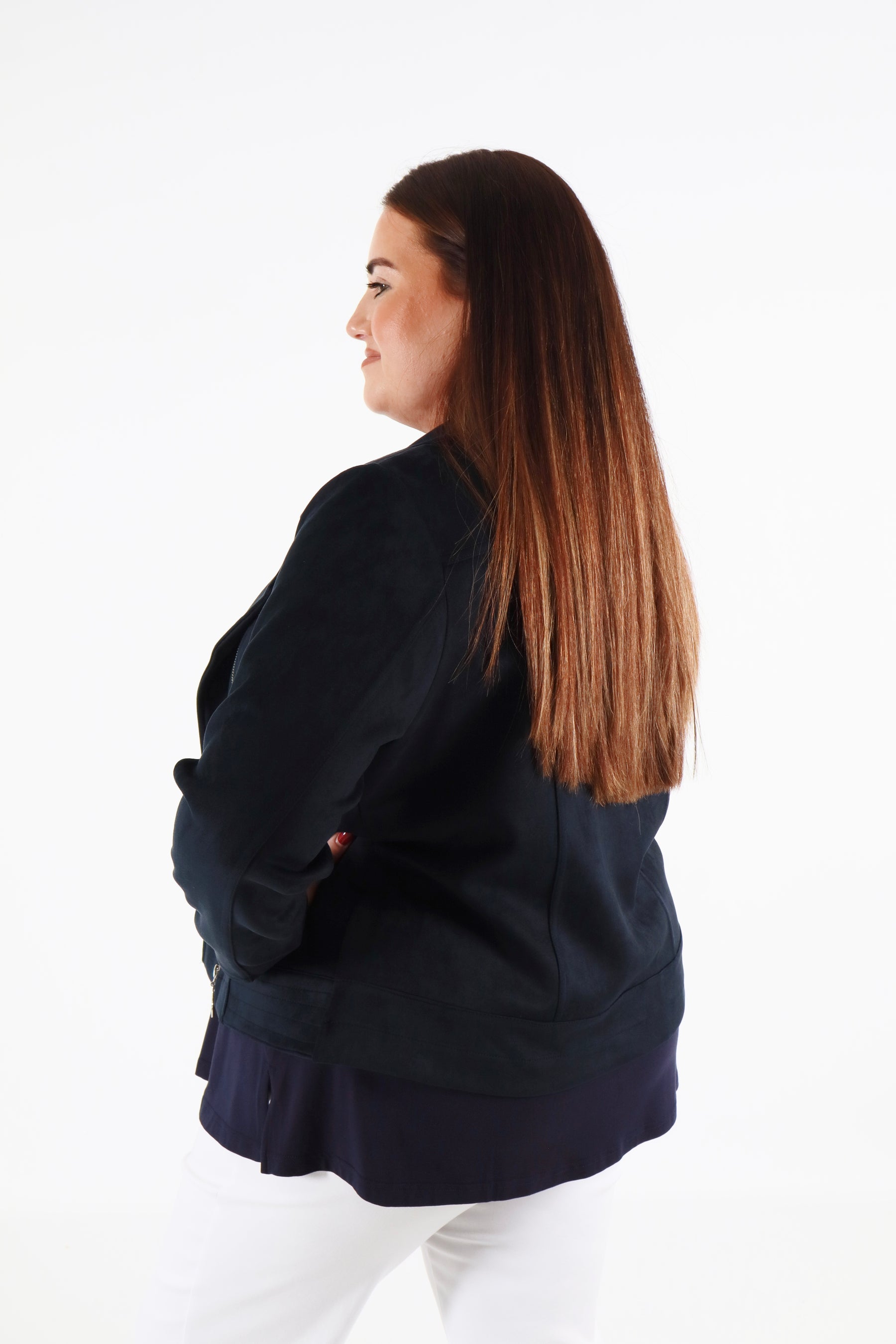 Amber Suede Biker Jacket in Navy