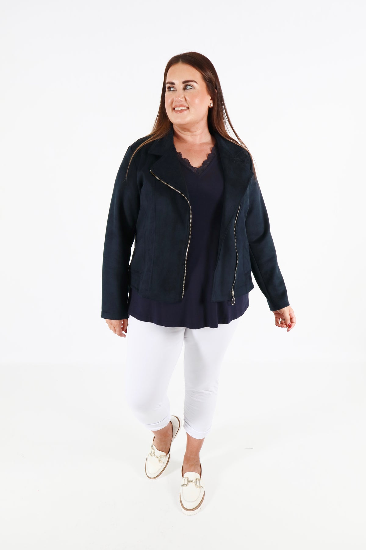 Amber Suede Biker Jacket in Navy