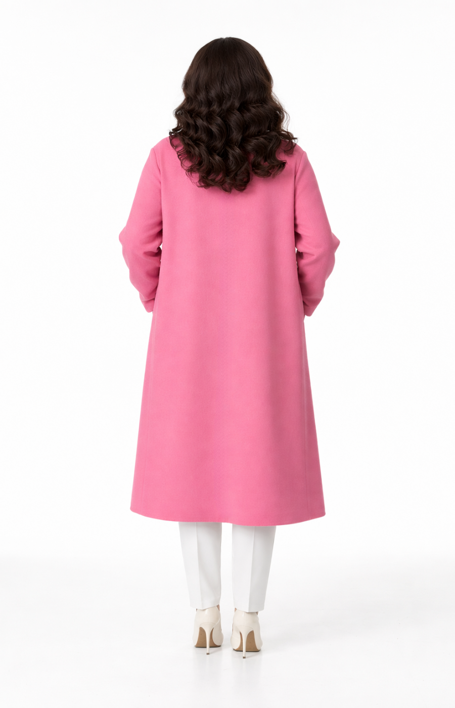 Person wearing a pink coat on a white background