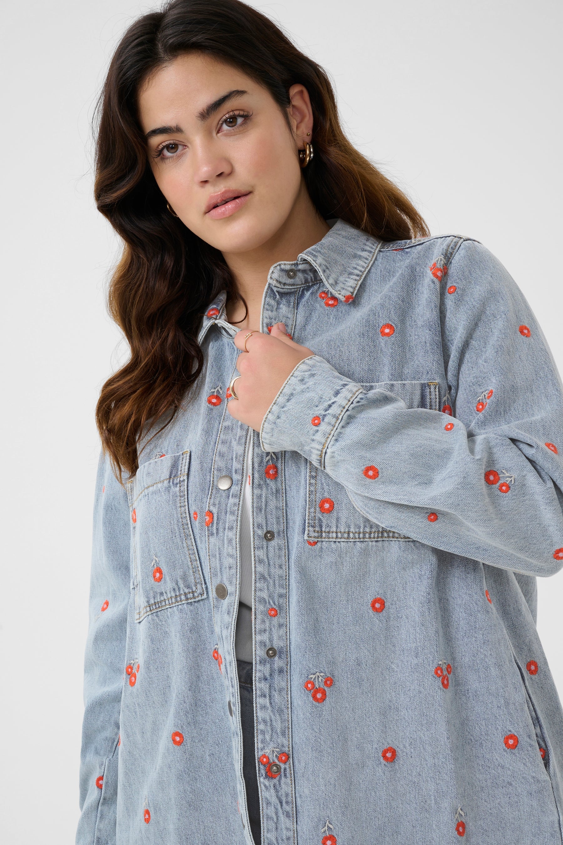 Kaffe Curve Betty Denim Jacket with Red Flowers