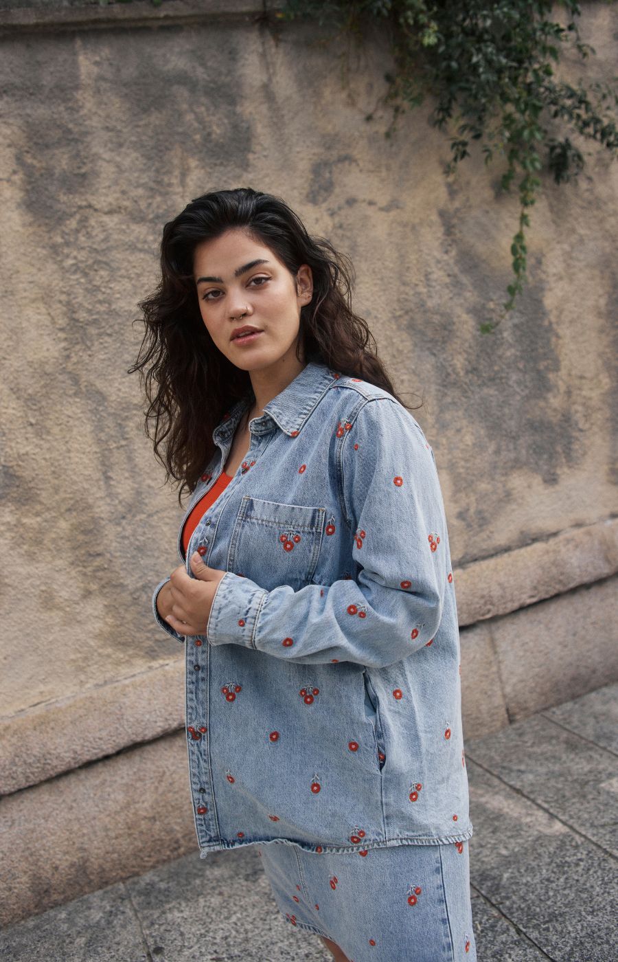 Kaffe Curve Betty Denim Jacket with Red Flowers