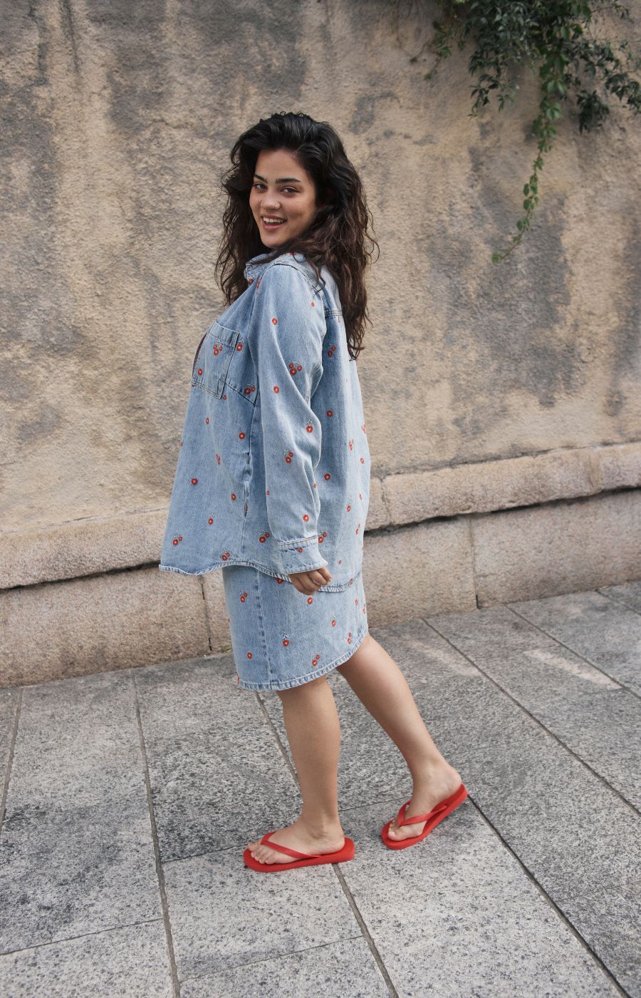 Kaffe Curve Betty Denim Jacket with Red Flowers