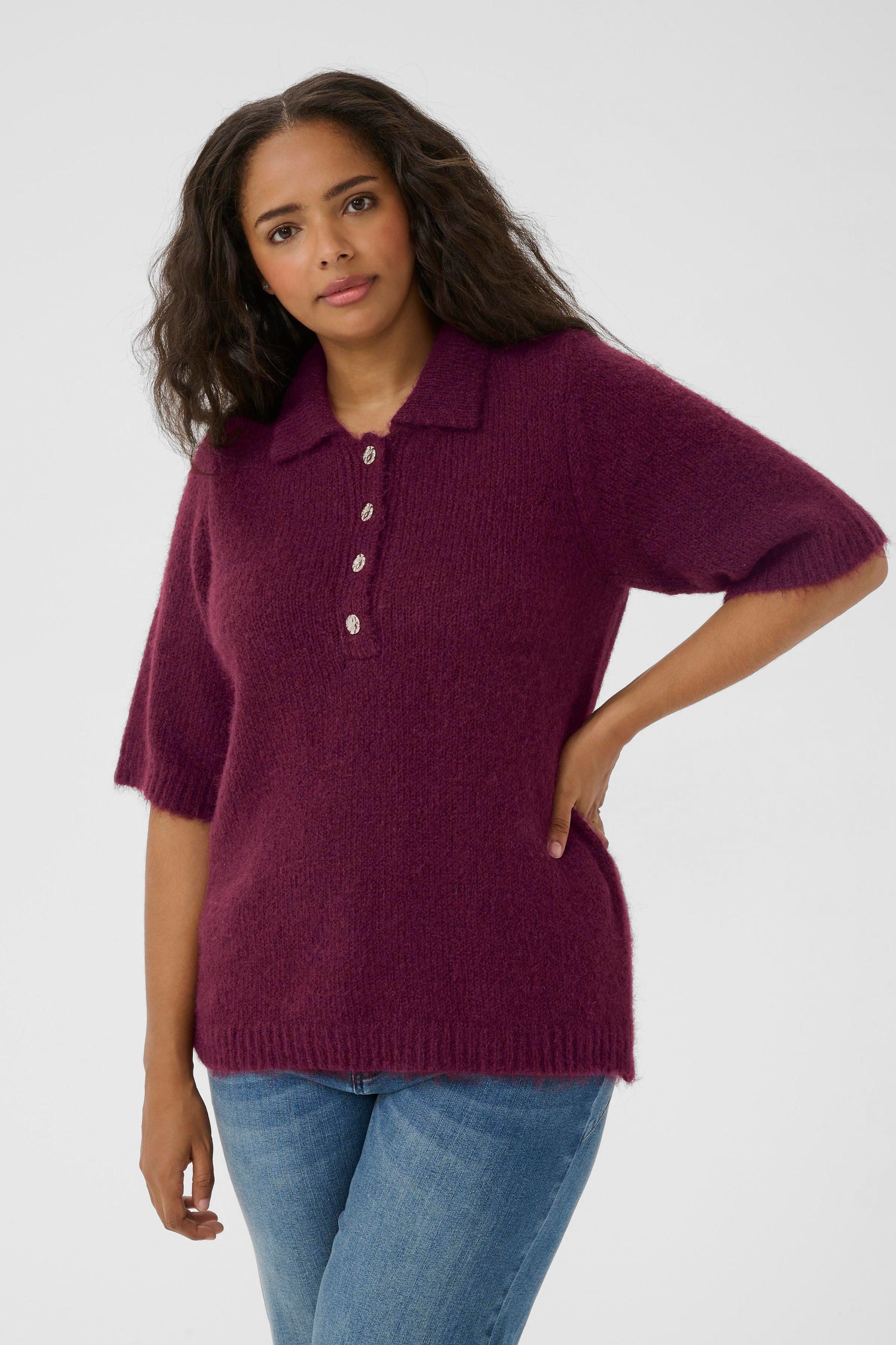 Kaffe Curve Emilia Knit Polo Top in Wine