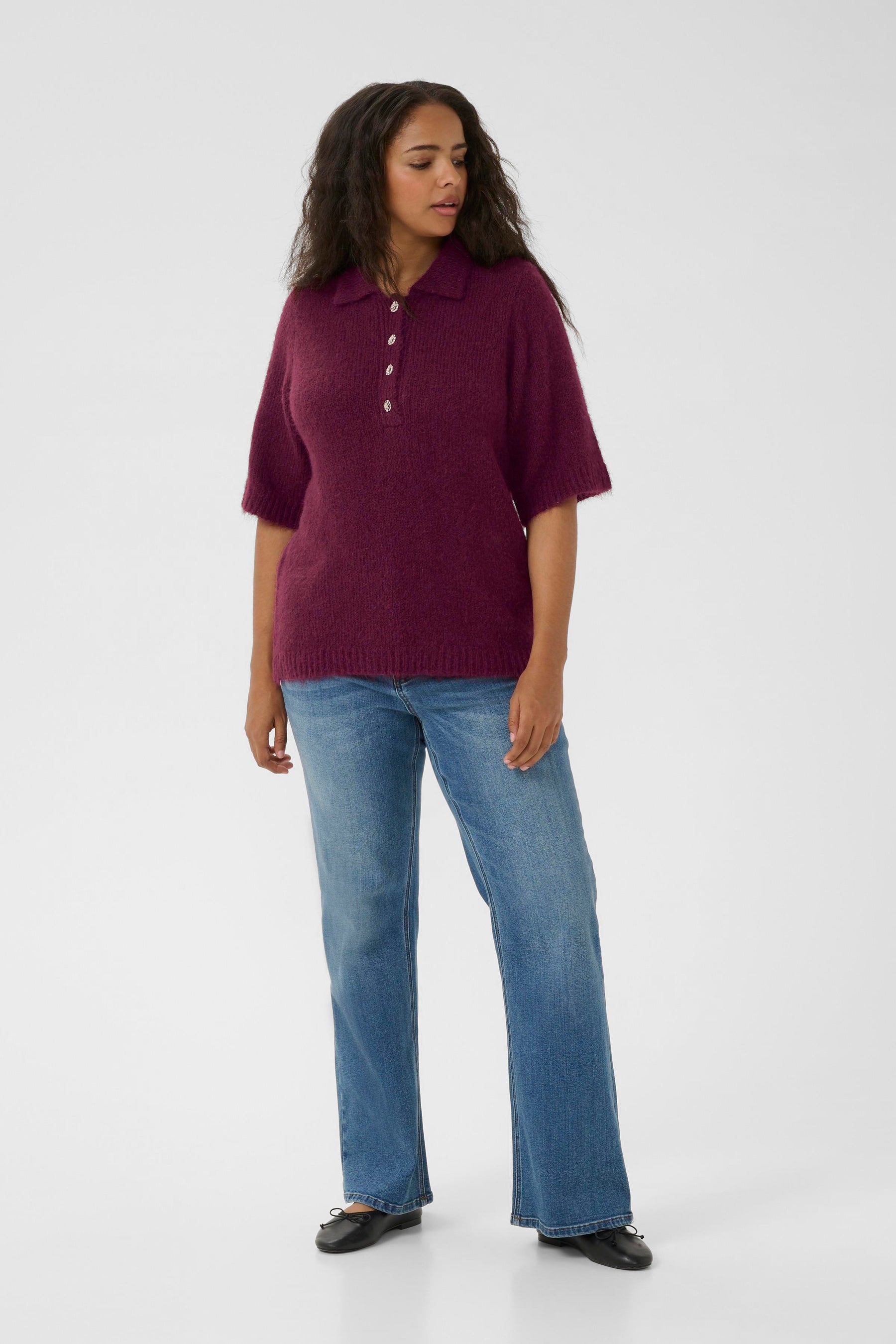 Kaffe Curve Emilia Knit Polo Top in Wine