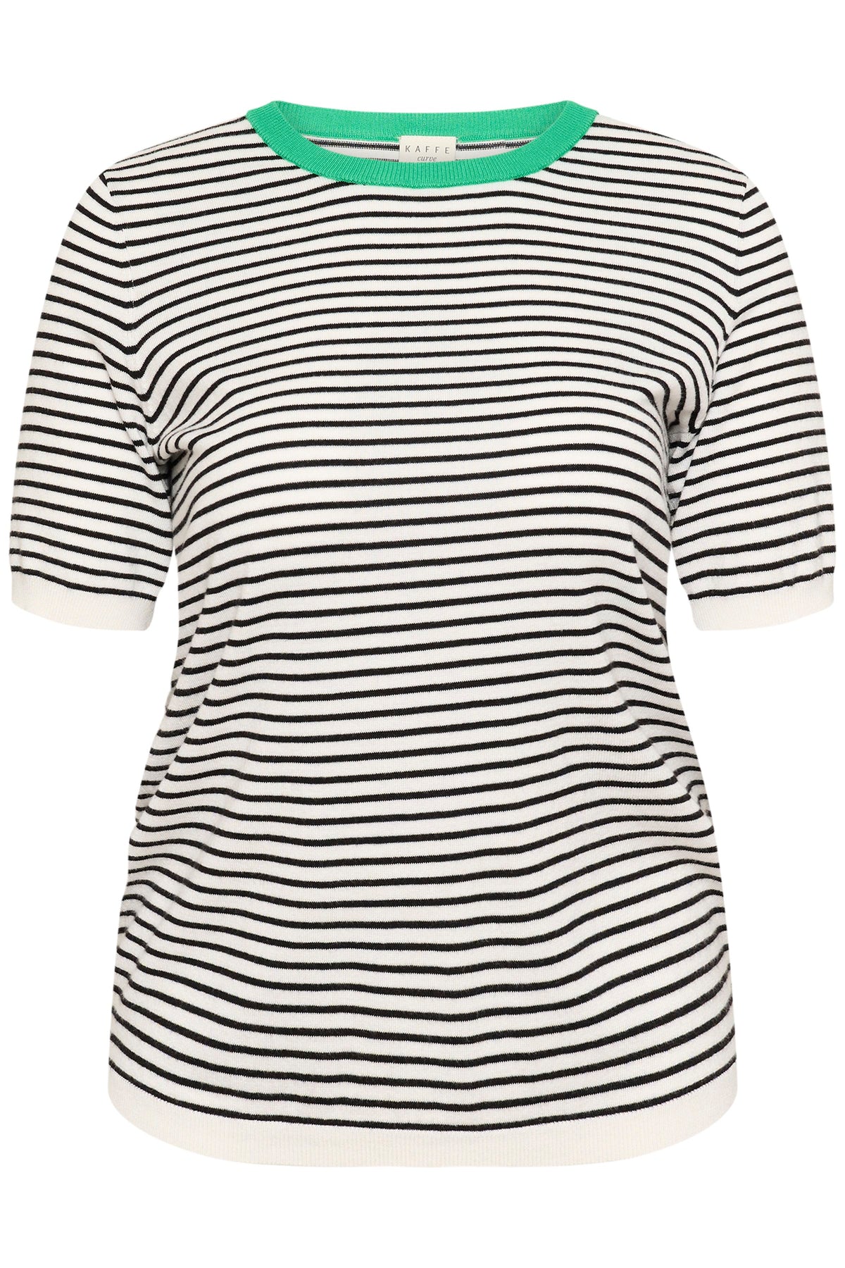 Kaffe Curve Lizzy T-Shirt with Green, a white knitted top with an all over black stripe and green round neckline and short sleeves
