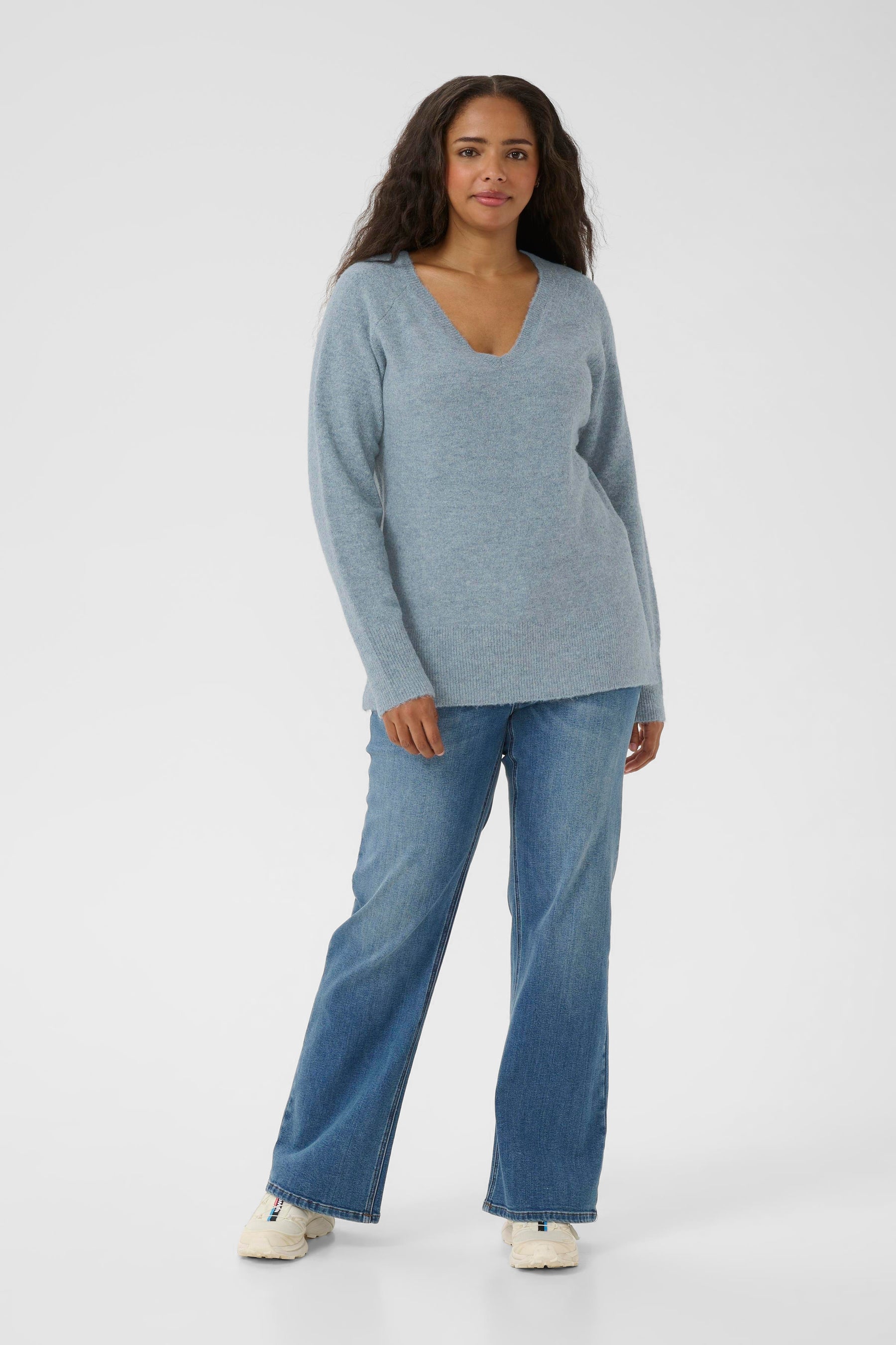 Kaffe Curve Niela V-Neck Jumper in Blue