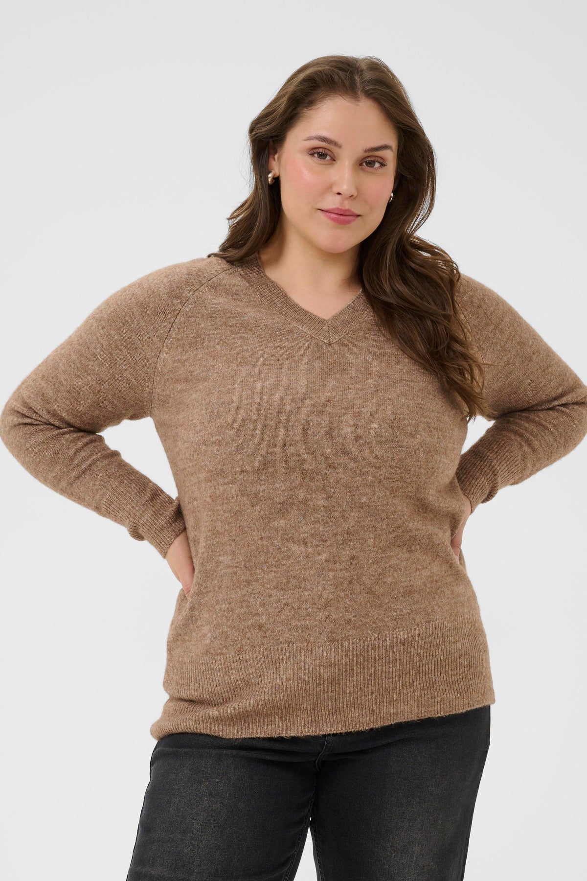 Kaffe Curve Niela V-Neck Jumper in Tan