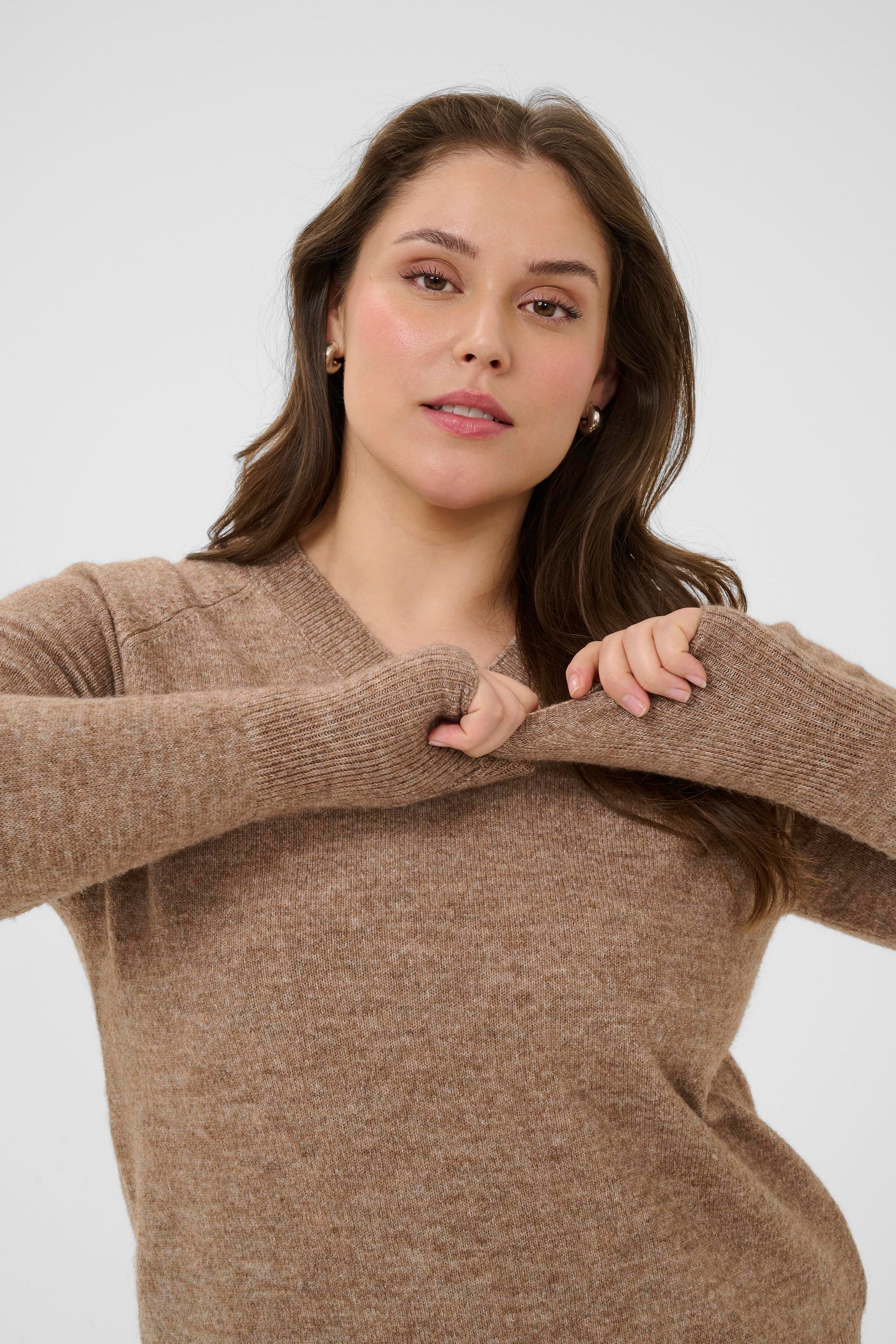 Kaffe Curve Niela V-Neck Jumper in Tan
