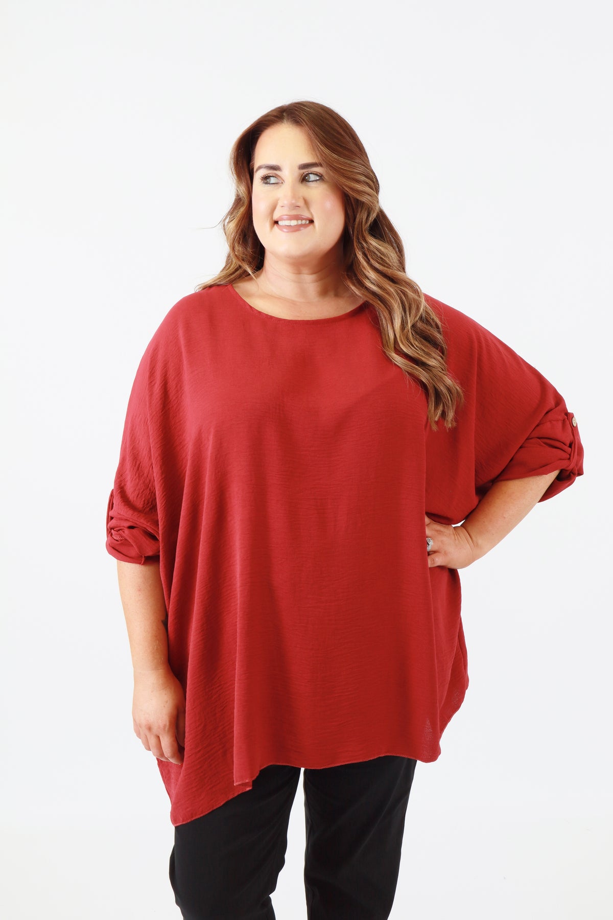 Kayla Blouse with Turn Up Sleeve in Wine