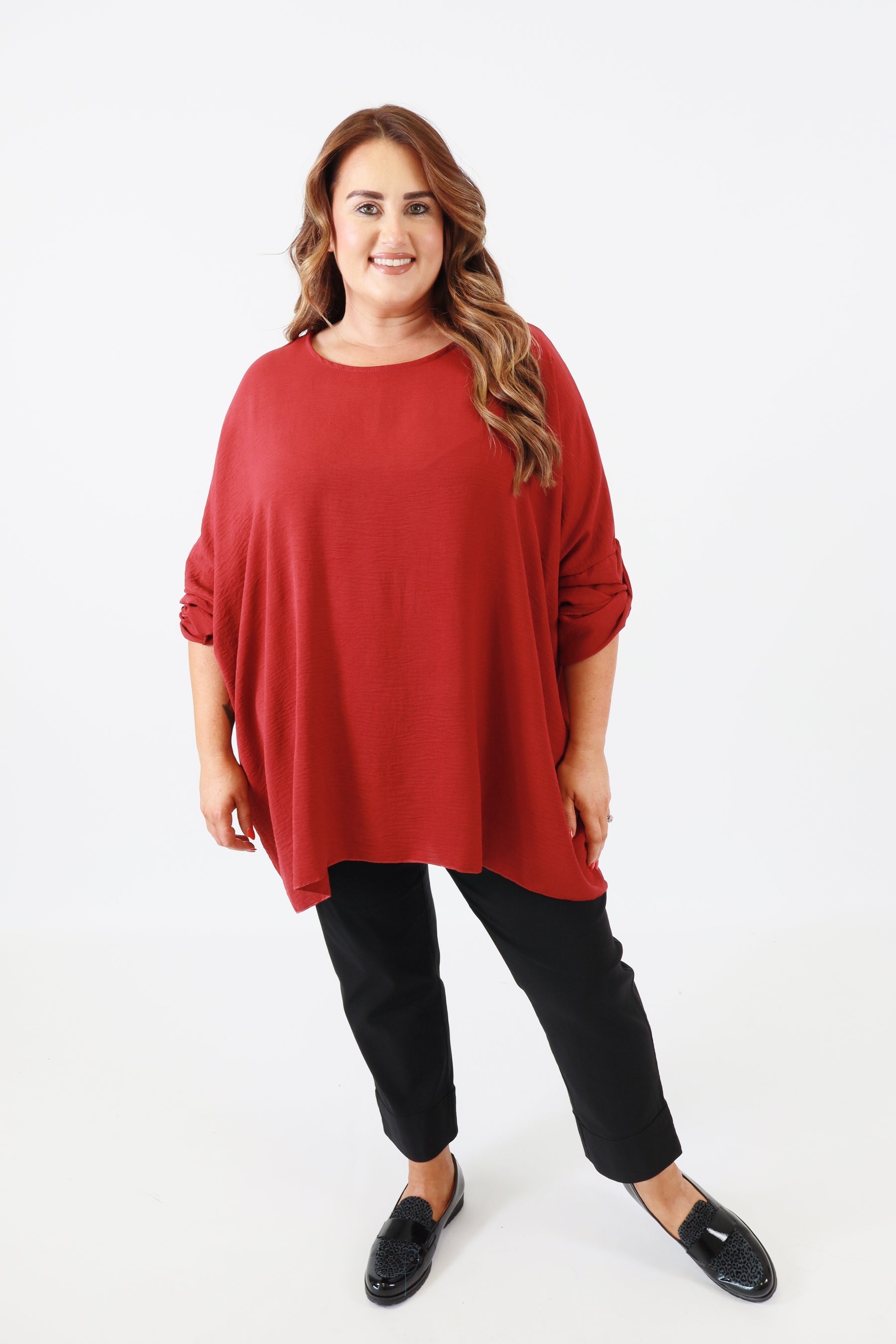 Kayla Blouse with Turn Up Sleeve in Wine