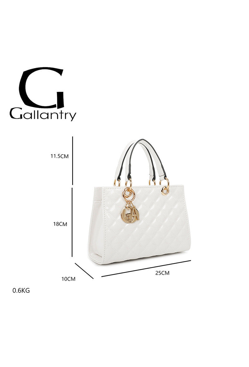 White handbag with dimensions and weight displayed on a white background, featuring the Gallantry brand.