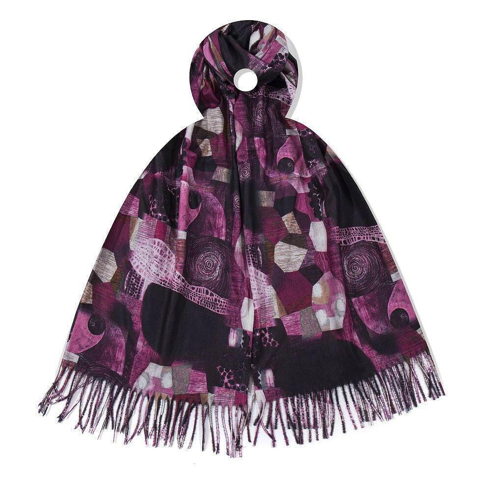 Purple patterned scarf with fringe on a white background