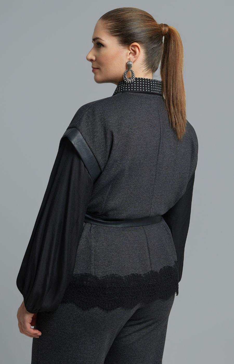 Mat Lace Trim Top in Charcoal