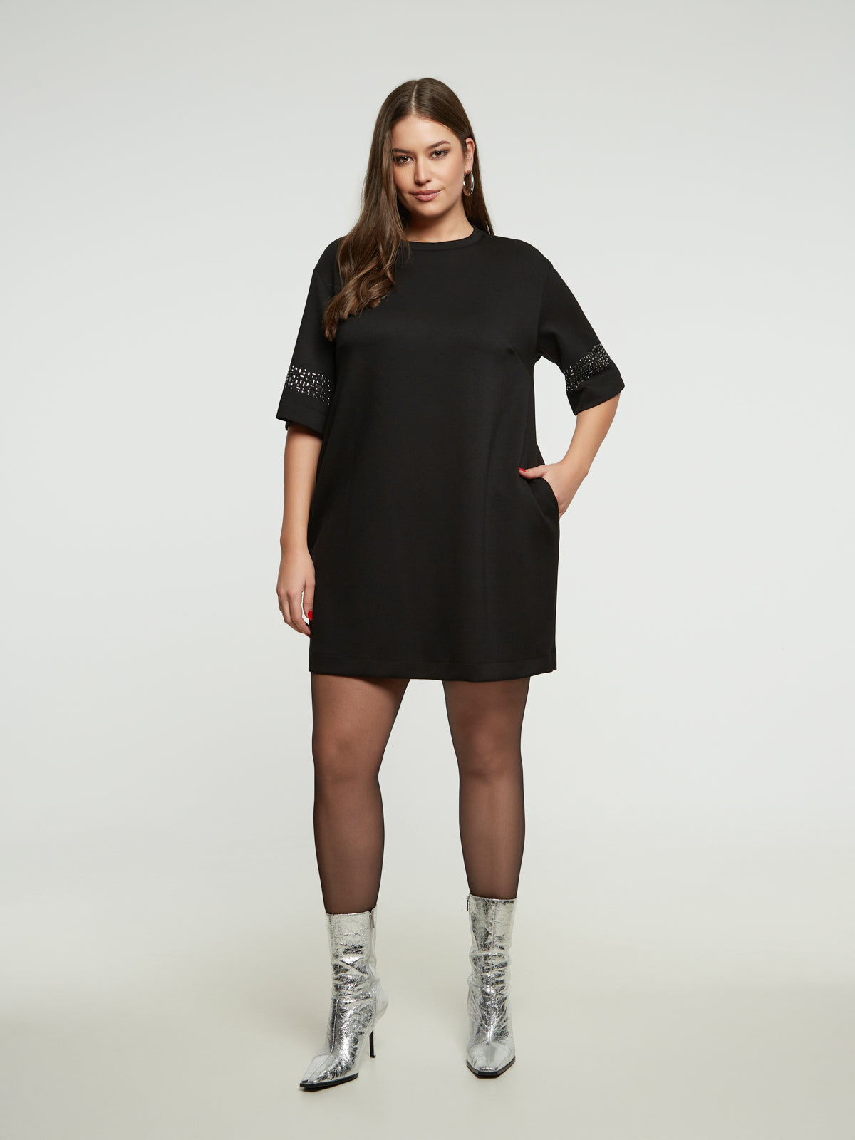 Mat Mini Dress with Sparkle Sleeve