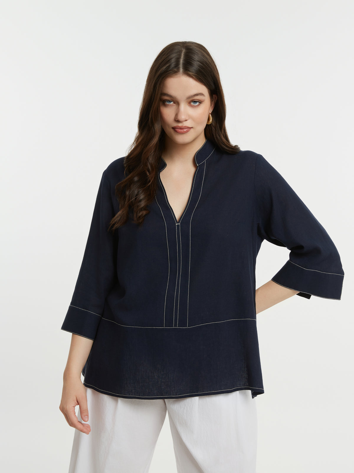 Mat Navy V Neck Blouse