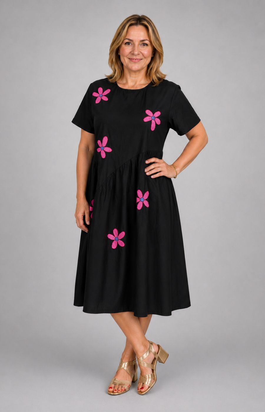 Matilda Black Dress with Pink Flowers